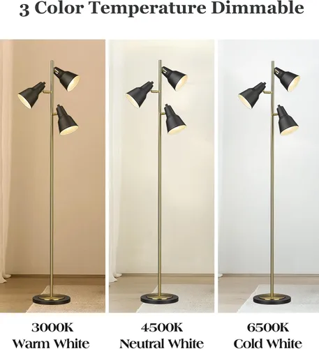 Miniatura 3 de ELYONA Lámpara de pie con árbol dorado con 3 luces giratorias ajustables, luces de pie industriales de poste alto de metal con 3 bombillas LED