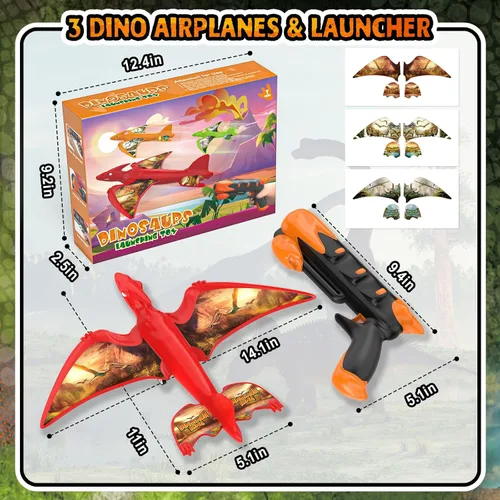 Miniatura 6 de Aiencsai Paquete de 3 juguetes de lanzamiento de aviones de dinosaurio para niños, aviones de espuma para niños juguetes de niños con calcomanías