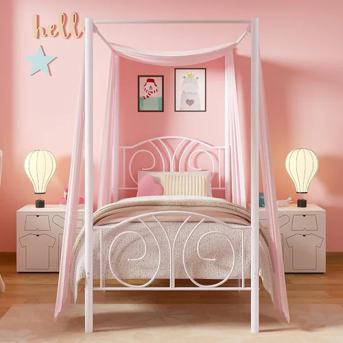 Miniatura 12 de VECELO Base de cama con dosel de metal, tamaño individual, base de colchón con plataforma de 4 pósteres con cabecero, soporte de listones de acero