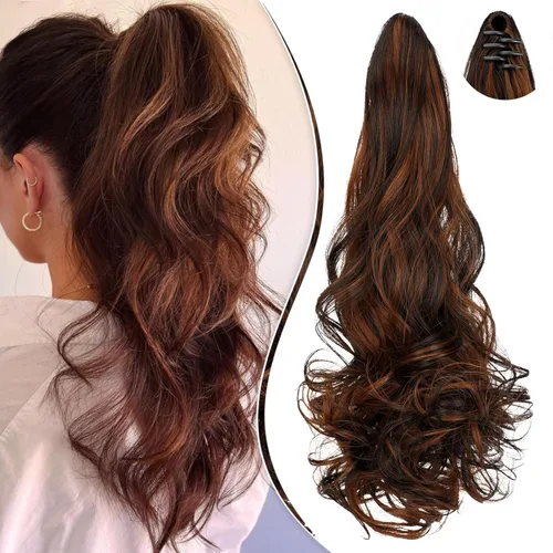 Miniatura 13 de Extensión de cola de caballo de 18 pulgadas, rizado, ondulado, con clip, extensiones de cabello largo sintético para mujer, color marrón claro