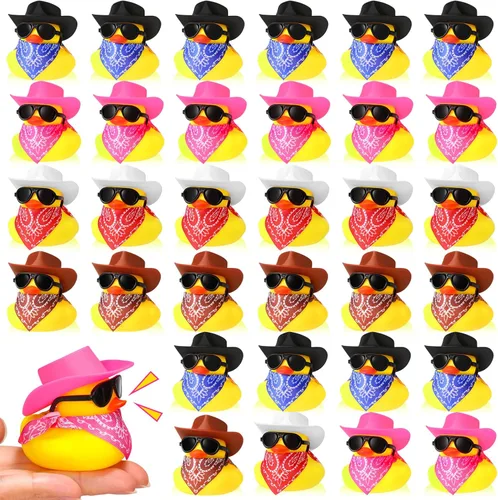 Miniatura 9 de Sosation Juego de 36 mini patos amarillos de goma vaquero, juguete de baño de patos pequeños, juguete de bañera con sombrero de vaquero, pañuelos
