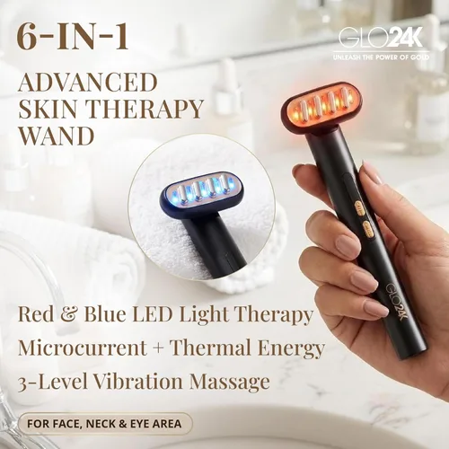 Miniatura 3 de GLO24K Varita de Terapia de Belleza 6-EN-1 para la Cara, Ojos y Cuello. Basada en Tecnología de Luz LED Dual, Térmica, Vibración y Microcorriente.