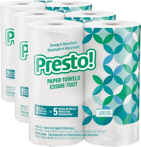 Presto! Toallas de papel, 128 hojas, 6 rollos | Flex-a-Size | Rollo familiar | 3 paquetes de 2 | Blanco