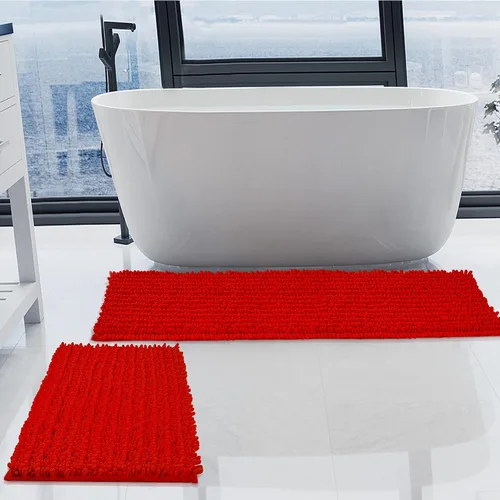 Miniatura 20 de Juego de 2 alfombras de baño de felpilla de lujo, parte inferior de goma termofusible gruesa, antideslizantes, alfombras de baño de secado rápido