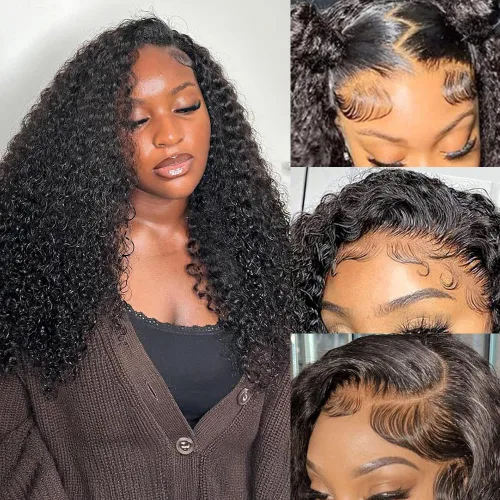 Miniatura 11 de CYNOSURE Pelucas de encaje frontal 13x4 de cabello humano prearrancado, densidad del 180%, brasileña rizada con encaje frontal, peluca con cabello