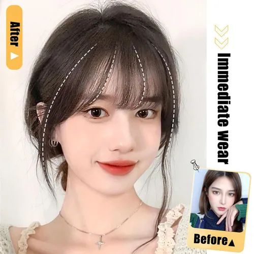 Miniatura 3 de NICENEEDED Flequillo con clip para mujer, extensiones de cabello con clip, flequillo de aire negro natural, flequillo de aire con flecos de tupé
