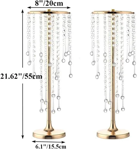Miniatura 6 de Centros de mesa de boda dorados de 21.6 pulgadas para mesa, 2 jarrones altos, centros de mesa de boda con cuentas de cristal brillantes, soporte