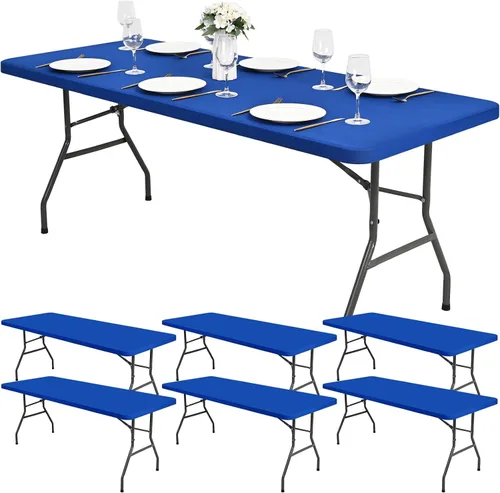 Miniatura 9 de Paquete de 6 fundas de tela elástica para mesa, color beige, para mesas de 8 pies, protector de mantel rectangular universal lavable y elástico