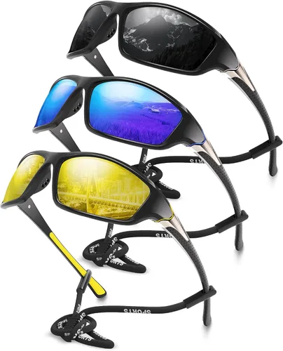 Miniatura 25 de Paquete de 3 lentes de sol deportivos polarizados para hombres, gafas de sol masculinas envolventes con protección UV para ciclismo, pesca