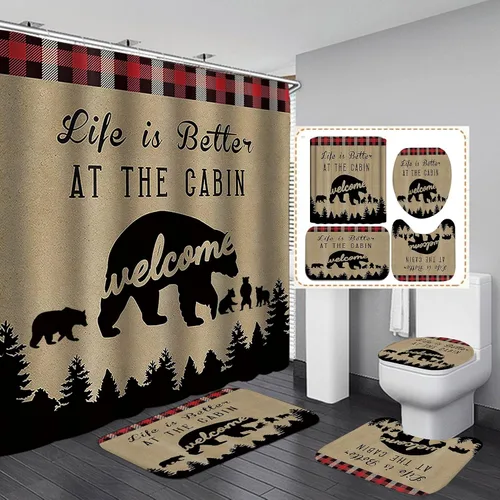 Miniatura 8 de Camille&Andrew - Juego de 4 cortinas de ducha de oso rústico negro, decoración de baño de animales salvajes, alfombra de baño antideslizante
