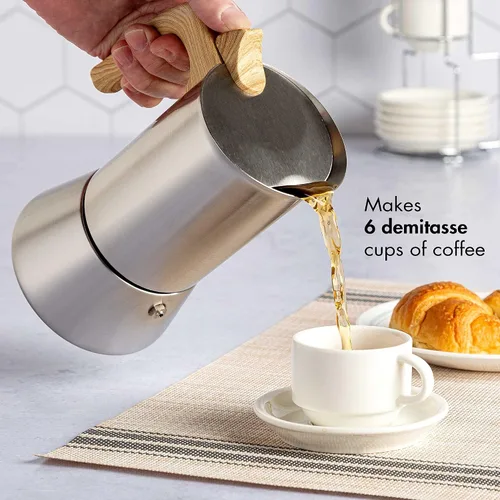 Miniatura 7 de Primula Cafetera y cafetera de acero inoxidable de alta calidad, olla moka para café clásico italiano, 6 tazas, mango de aspecto de madera
