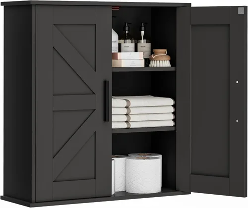 Homleke Armario de pared para baño, armario de almacenamiento sobre inodoro con puertas de granero y estantes ajustables, botiquín de 3 niveles