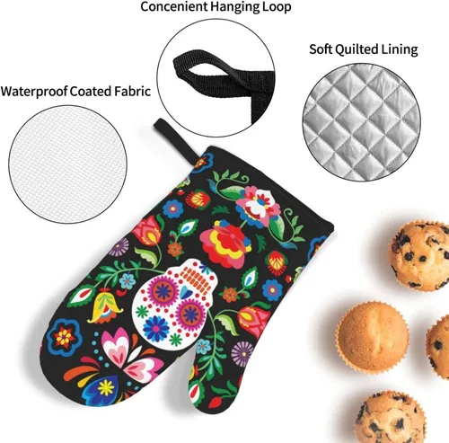 Miniatura 5 de Juego de 4 manoplas de horno y soportes para ollas con diseño floral de calavera mexicana, guantes resistentes al calor para cocina, hornear, asar a