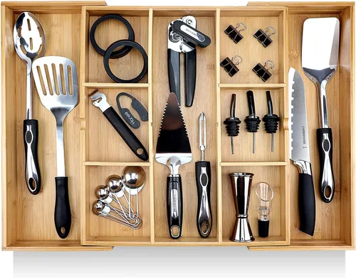Miniatura 8 de Pristine Bamboo bandeja organizadora de cubiertos – Utensilios de mesa, cubiertos, soporte de cubiertos para cajón – Organizador de cajón de madera
