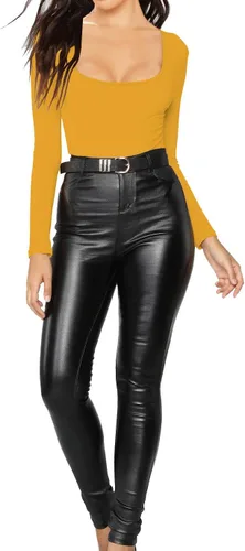 Miniatura 203 de MANGDIUP Body esencial para mujer, cuello redondo, manga larga, ajustado, elástico, de algodón y elastano