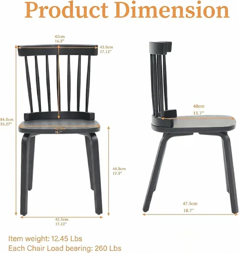 Miniatura 2 de Black Windsor - Juego de 2 sillas de comedor de madera con respaldo de husillo, sillas de comedor de madera maciza para cocina, comedor, sala