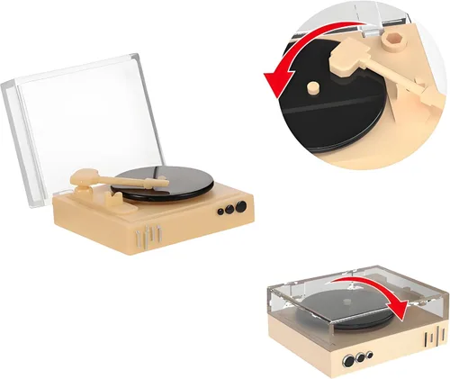 Miniatura 3 de 2 piezas de tocadiscos de vinilo en miniatura realista – 1:12 escala retro casa de muñecas tocadiscos en miniatura, mini tienda de exhibición