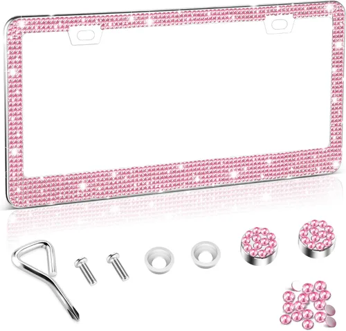 Miniatura 12 de Amiss Marco de matrícula brillante para mujer, 1 paquete de diamantes de imitación hecho a mano de cristal de acero inoxidable de alta calidad, Negro