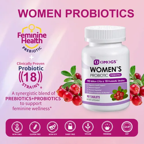 Miniatura 6 de OMOGS 2 probióticos para mujer, con extracto de arándano, prebióticos orgánicos y vitamina C, 90 mil millones de UFC, 18 cepas, ayudan a aumentar