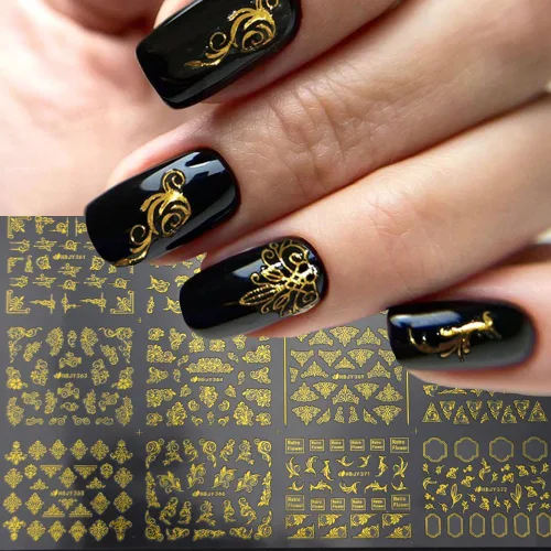 Miniatura 8 de 30 hojas de calcomanías de arte de uñas doradas, autoadhesivas 3D, calcomanías de diseño de uñas, gotas de agua, línea de flores, estrellas