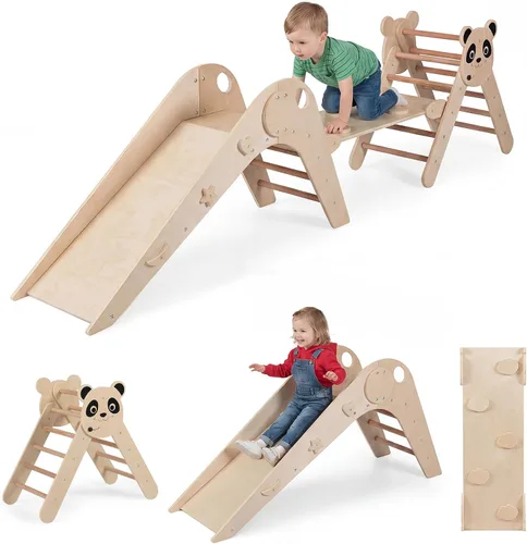 GLACER Pikler - Juego de triángulos Montessori con temática de panda, juguetes de escalada para niños pequeños con escalera, túnel, tobogán, rampa,