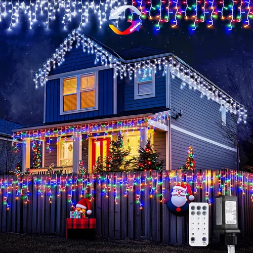 Miniatura 23 de JMEXSUSS 400 luces LED de Navidad de carámbano de 38.8 pies con control remoto, tira de luces multicolor para exteriores enchufables, 8 modos