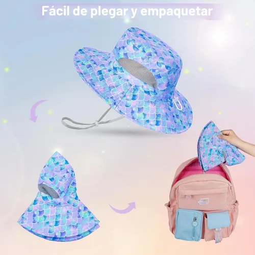Miniatura 6 de Sombrero de sol para niñas de 2 a 8 años de malla con protección UV, sombrero de playa plegable para niñas de 2 a 8 años Azul