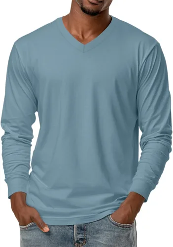 Miniatura 6 de Camiseta para hombre, manga larga, cuello en V, color liso, informal, básica, suave, elástica, M-3XL