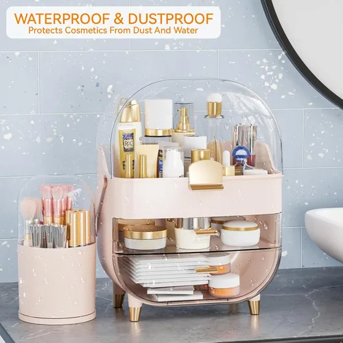 Miniatura 7 de Yieach Organizador de maquillaje de encimera para tocador, organizador de cuidado de la piel de gran capacidad con cajones y soporte para brochas