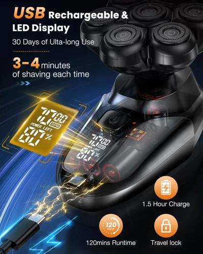 Miniatura 7 de Afeitadoras de cabeza para hombres calvos, kit de aseo eléctrico 5 en 1, 7D flotante IPX7, impermeable, recargable, para cabeza calva, vello