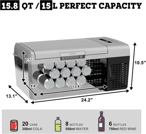 Miniatura 3 de Setpower FC15 Refrigerador Portátil Enfriador Eléctrico Con Adaptador AC, 15L/15.8QT Refrigerador de Carro de 12 Voltios, -4℉-68℉ Refrigerador