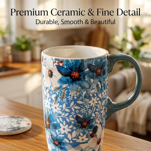 Miniatura 3 de Topadorn Taza de Cerámica para Café de Porcelana Latte Taza de Té con Tapa en Caja de Regalo 17oz, Flores Azules