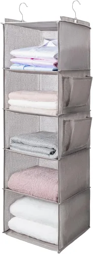 Miniatura 8 de BOOMIBOO Organizador de armario colgante y estantes, 5 estantes colgantes con 2 bolsillos laterales, almacenamiento plegable (negro)