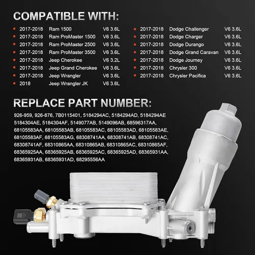 Miniatura 2 de 926-959 Kit de carcasa de filtro de aceite de motor de aluminio completo con enfriador de aceite con juntas y sensores Compatible con 2017-2018 Tapa