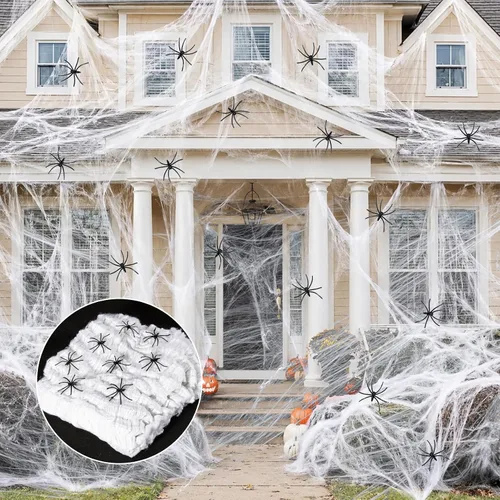 MAQIHAN Telarañas de 1200 pies cuadrados para decoración de Halloween, telarañas de Halloween con 40 arañas falsas, telarañas súper elásticas para