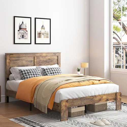 Miniatura 4 de Base de cama de tamaño matrimonial con cabecero, plataforma de madera rústica con soporte de 12 listones de madera, no necesita somier, sin ruido