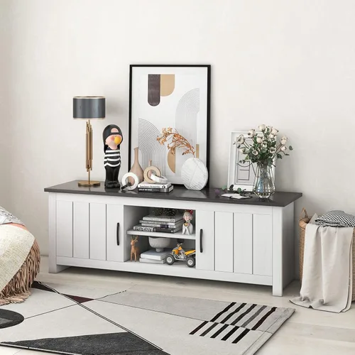 Miniatura 4 de Tangkula Soporte de TV de 2 puertas para televisores de hasta 65 pulgadas, mesa consola de TV de 57 pulgadas con 2 gabinetes y estantes abiertos