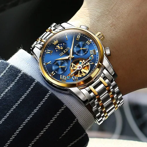Miniatura 5 de OLEVS - Reloj mecánico automático Tourbillon Slef-Wind lujoso de acero inoxidable resistente al agua luminoso y con fecha