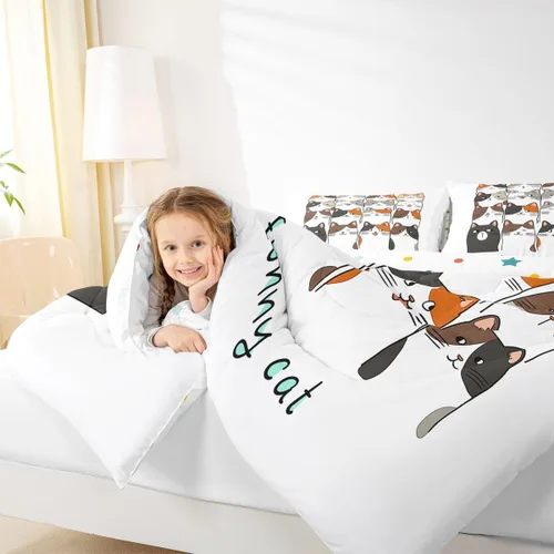 Miniatura 27 de Erosebridal Juego de ropa de cama para niños, tamaño individual, diseño de gatos de dibujos animados, para niñas, niños y adolescentes, edredón