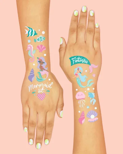 Miniatura 4 de xo, Fetti Tatuajes temporales de sirena bajo el mar, 56 estilos de aluminio iridiscentes, suministros para fiestas de cumpleaños para niños