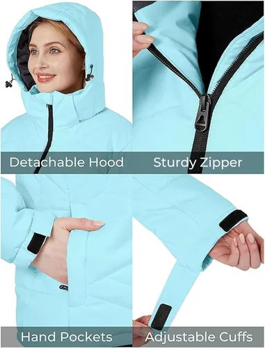 Miniatura 6 de Skieer Chaqueta de esquí impermeable para mujer, abrigo de invierno cálido para nieve, resistente al viento, con capucha