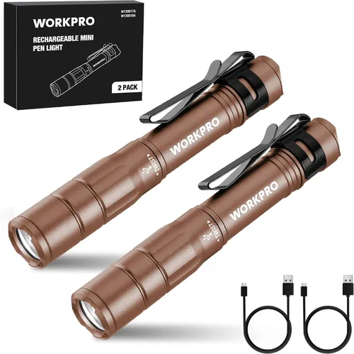 Miniatura 10 de WORKPRO Luz recargable para bolígrafo, mini linterna, paquete de 2 linternas EDC ultracompactas, linterna de bolsillo con clip, función de memoria