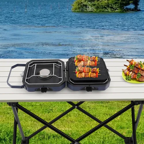 Miniatura 2 de Estufa plegable de propano de 2 quemadores, estufa portátil de doble quemador con sartén para cocinar al aire libre, portón trasero, picnic