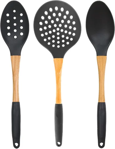Miniatura 15 de Beille 5 utensilios de cocina de madera de nailon gris oscuro con cucharas de cocina, cucharón de sopa, cuchara espumadera y espátula, 13 pulgadas