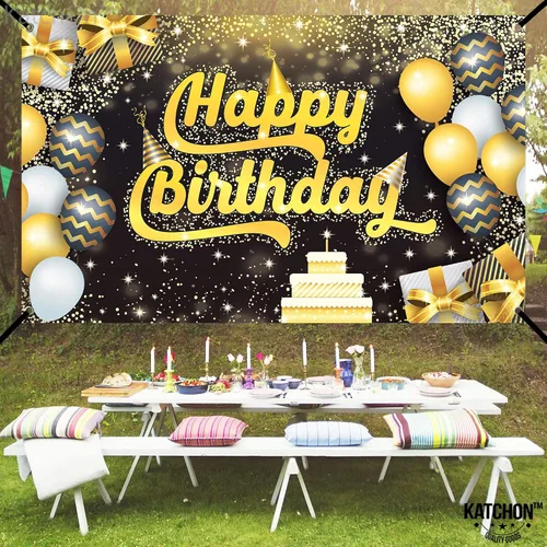 Miniatura 3 de KatchOn, Cartel extragrande de feliz cumpleaños negro y dorado, 72 x 44 pulgadas, pancarta de fondo para decoraciones de feliz cumpleaños