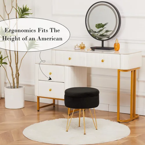 Miniatura 7 de Reposapiés Taburetes Redondos de Piel Sintética Otomana con Espacio de Almacenamiento Silla de Tocador Suave Asiento Mesa de Centro Otomana Mesa