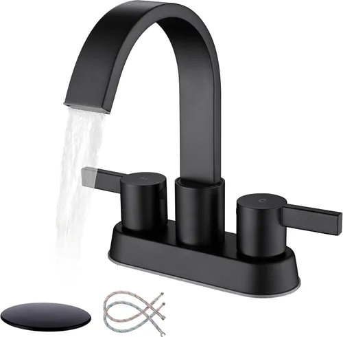 SUS304 - Grifos de baño negro mate para fregadero de 3 agujeros, 4 pulgadas, grifo de cascada con drenaje emergente y 2 mangueras de suministro,