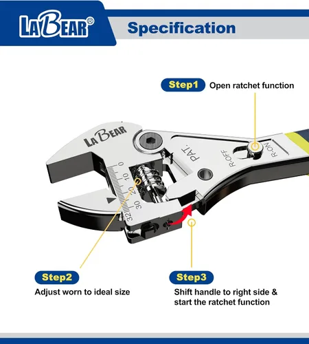 Miniatura 3 de LABEAR - Llave de trinquete ajustable de 8 pulgadas, llave ajustable de acero CR-V de 1 pulgada/0.984 in de ancho con selector de trinquete