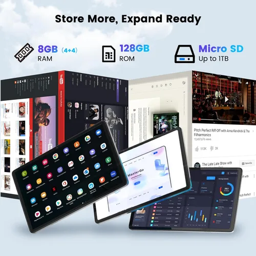 Miniatura 4 de Azeyou 2025 Tablet Android 14 Actualizada, Tablet de 10.1 Pulgadas Procesadores Octa-Core con 8GB RAM 128GB ROM, Pantalla Táctil IPS, Wi-Fi 6, BT