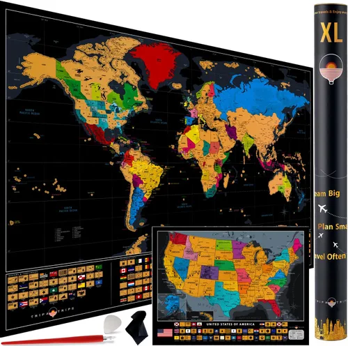 Mapa del mundo para raspar XL con 233 banderas, mapa del mundo para raspar de 36 x 24 pulgadas + mapa de rascar de Estados Unidos, mapa del mundo